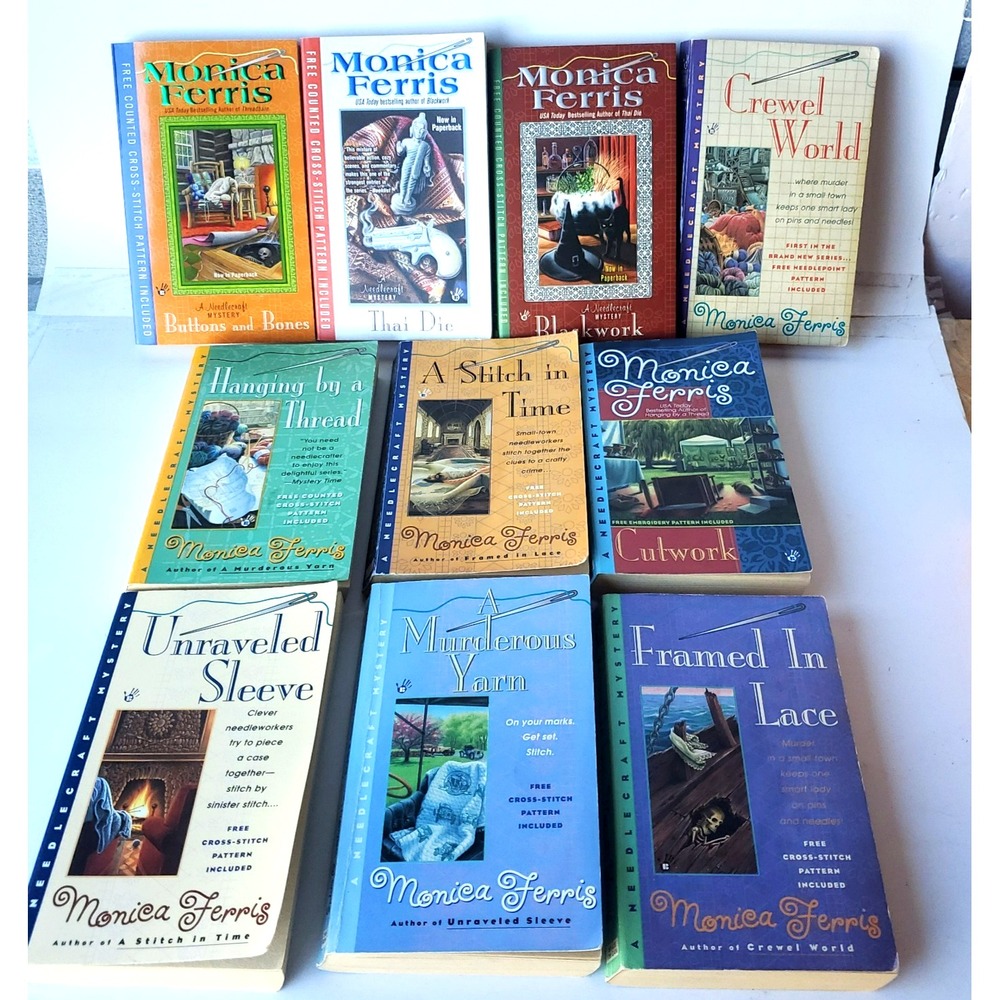 Lot PB MONICA FERRIS Cozy Crime NEEDLECRAFT MYSTERY Framed in Lace Lot of 10 vtg